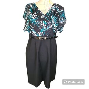 ALYX Size 14 Petite Black Green Surplice V-Neck Flutter Sleeve Sheath Dress